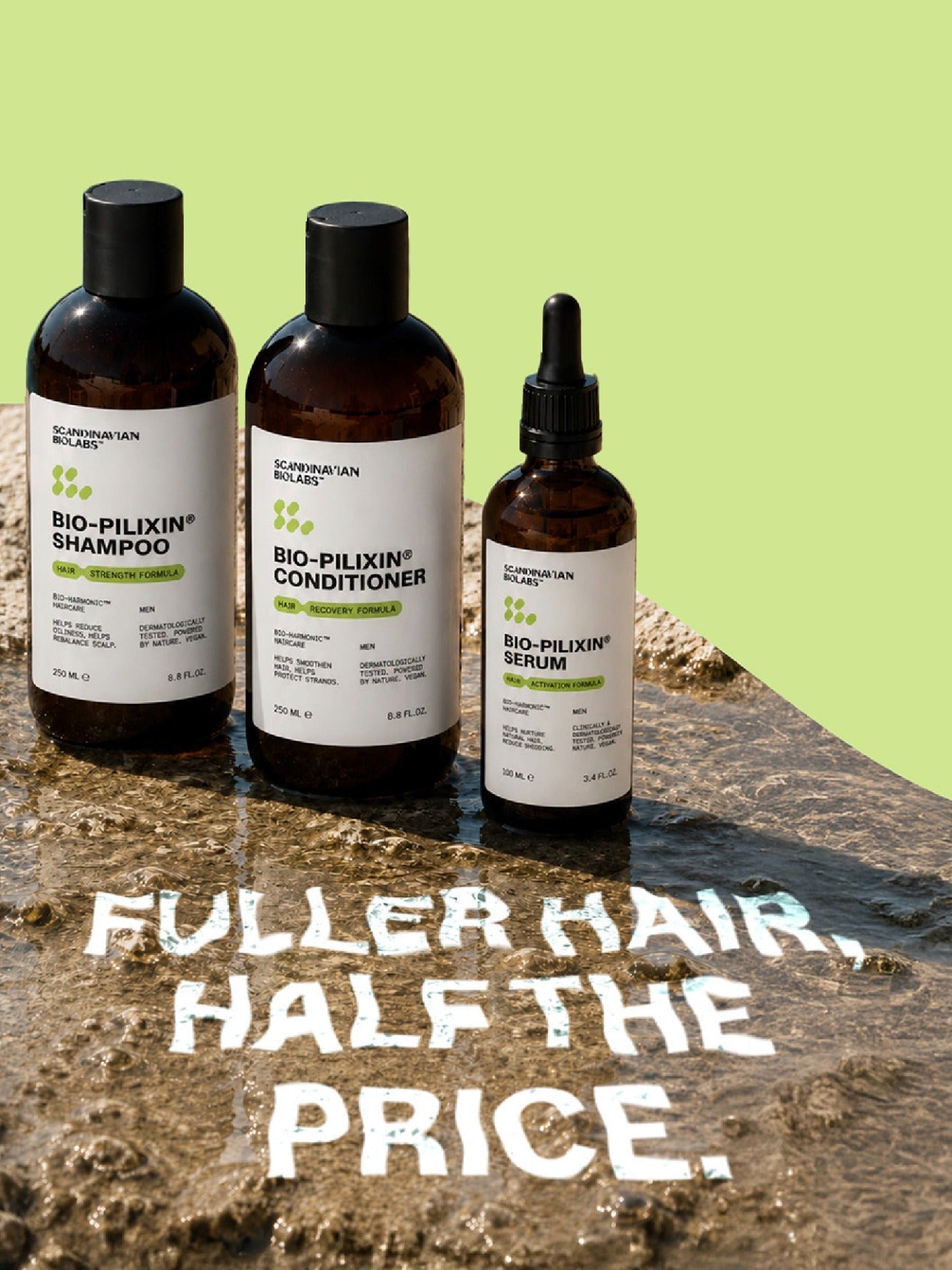 Hair care products on a wet rock by the sea